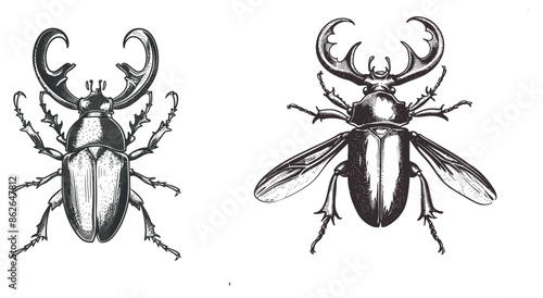 A vintage illustration of a stag beetle bug isolated on a white background in an antique style