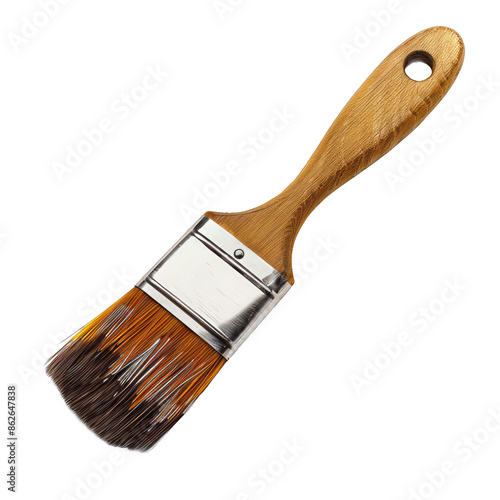 A paintbrush with a wooden handle and a silver tip photo