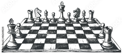 Isolated white background clip art of black and white chess board in vintage style