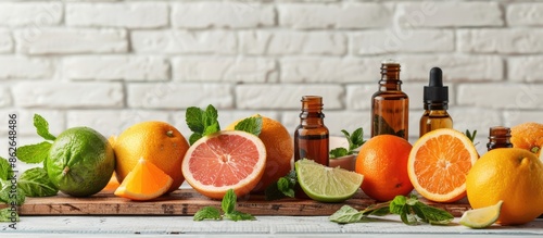 Fototapeta Naklejka Na Ścianę i Meble -  Various essential oil bottles featuring a range of citrus fruits and mint, placed on a wooden surface with a white brick wall background, offering space for adding text to the image. Copy space image