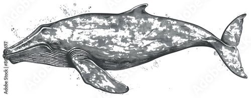 The gray whale is drawn in a vintage engraving style on a white background as a black and white clip art illustration
