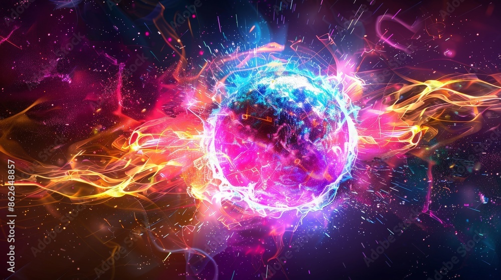 Neon Energy Sphere Surrounded by Dynamic Particles Neon Energy Sphere Surrounded by Dynamic Particles