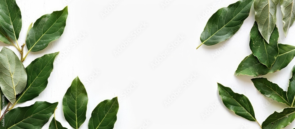 Naklejka premium Bay leaves with copy space image on a white backdrop.