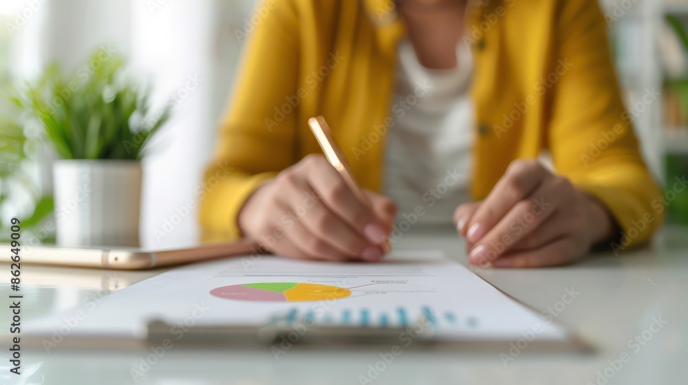A woman is writing on a piece of paper with a pencil. She is sitting at a desk with a phone and a potted plant in the background. Concept of focus and productivity as the woman works on her task A woman is writing on a piece of paper with a pencil. She is sitting at a desk with a phone and a potted plant in the background. Concept of focus and productivity as the woman works on her task
