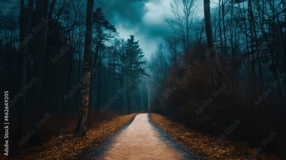 Fototapeta premium A dark forest road with trees on either side. The sky is cloudy and the trees are bare