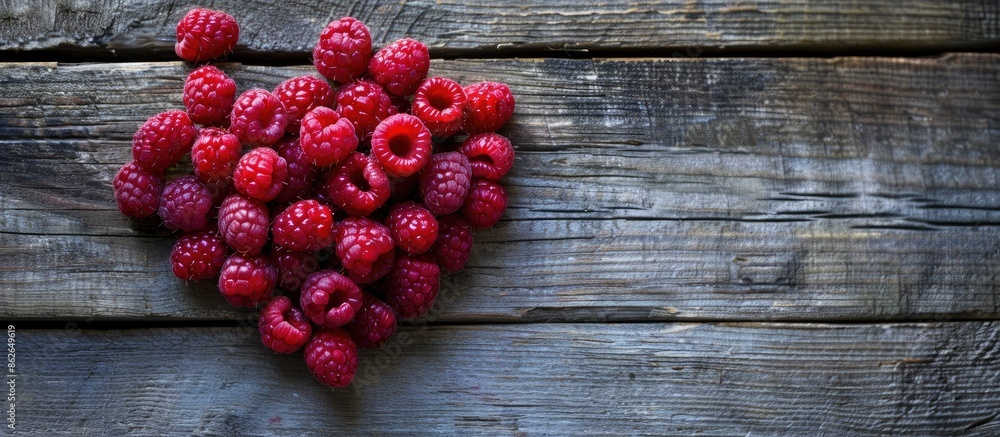 High-quality raspberries arranged in a heart shape on a rustic wooden backdrop, captured up-close with a top view in a high-resolution image, embodying a concept related to harvest. Displayed with High-quality raspberries arranged in a heart shape on a rustic wooden backdrop, captured up-close with a top view in a high-resolution image, embodying a concept related to harvest. Displayed with
