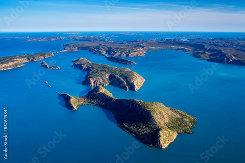 Aerial view of pristine Buccaneer Archipelago in tranquil Kimberley, Australia.