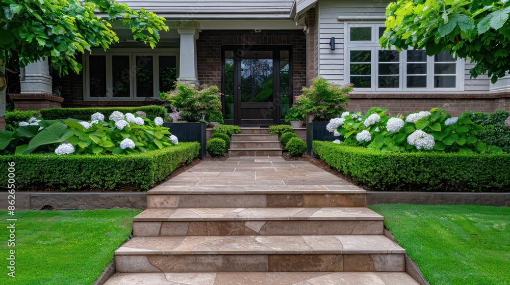 A house with a large front yard and a stone staircase leading up to the front door. The yard is filled with various plants, including a row of white flowers. The house has a welcoming A house with a large front yard and a stone staircase leading up to the front door. The yard is filled with various plants, including a row of white flowers. The house has a welcoming