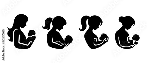 Mom and baby silhouette . Breastfeeding black filled vector Illustration icon. Mother's day vector. Mother holding her little baby. 