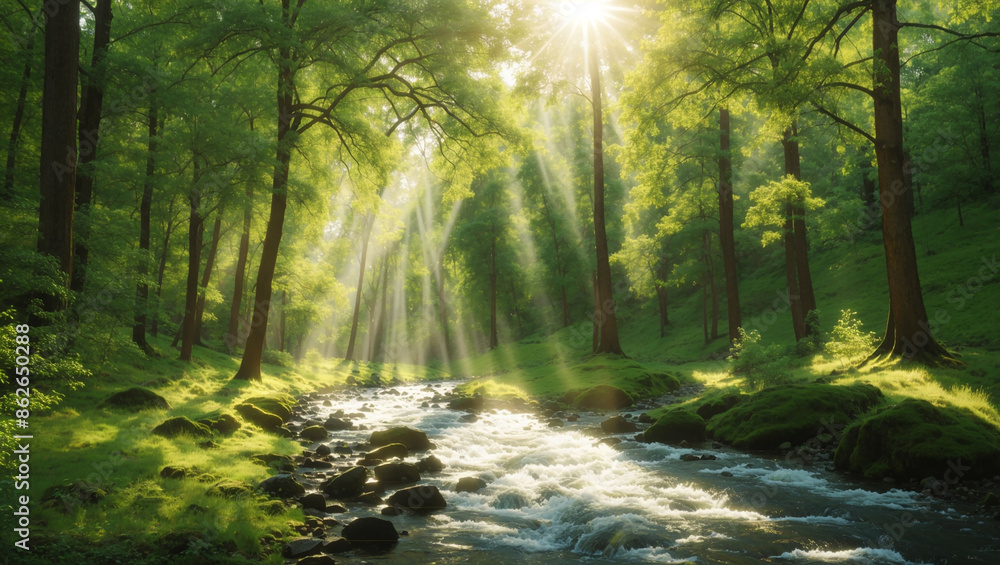 Obraz premium The image is of a forest with a stream running through it. The sun is shining through the trees.