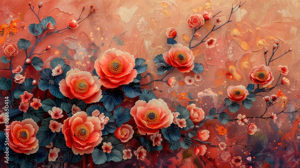 A vibrant, abstract painting of blooming flowers in shades of orange and pink. The background is a warm, textured design. A vibrant, abstract painting of blooming flowers in shades of orange and pink. The background is a warm, textured design.