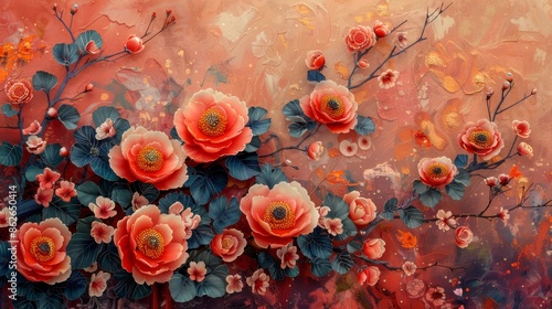 Wallpaper Mural A vibrant, abstract painting of blooming flowers in shades of orange and pink. The background is a warm, textured design. Torontodigital.ca
