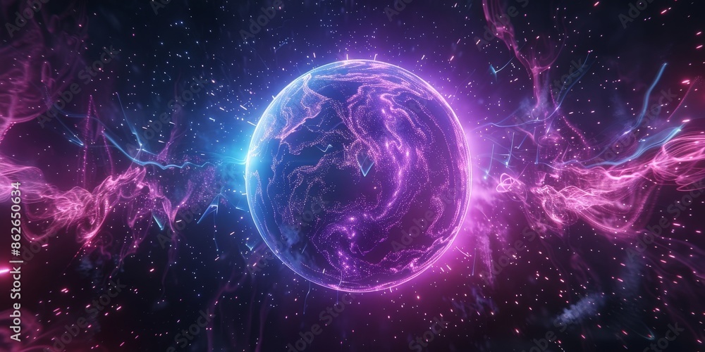 Neon Energy Sphere Surrounded by Dynamic Particles Neon Energy Sphere Surrounded by Dynamic Particles