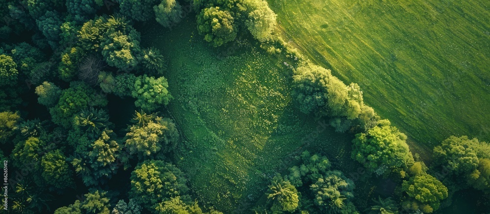 An aerial drone captures a scenic rural landscape with a lush green forest in the backdrop, offering a picturesque view with copy space image. An aerial drone captures a scenic rural landscape with a lush green forest in the backdrop, offering a picturesque view with copy space image.