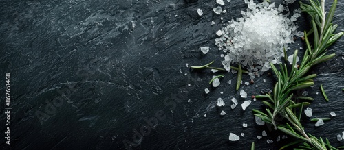 Panel kuchenny z motywem Image with salt and rosemary on a dark surface with empty space for text. Copy space image. Place for adding text and design