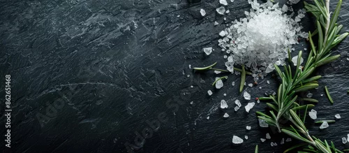Panel kuchenny z motywem Image with salt and rosemary on a dark surface with empty space for text. Copy space image. Place for adding text and design