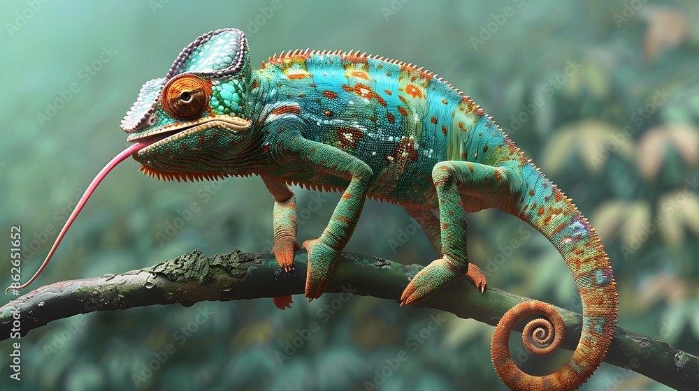 Fototapeta premium Cheerful chameleon tree branch cartoon illustration isolated image animal character. 