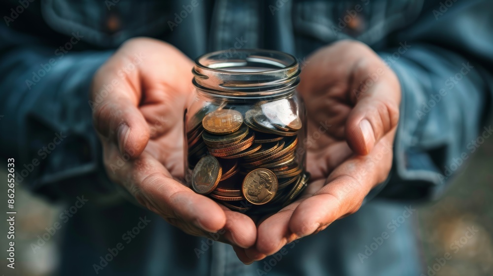 Close-up of hands holding a glass jar filled with coins.  The image is a metaphor for saving money, financial security, and wealth.