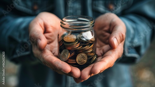 Close-up of hands holding a glass jar filled with coins.  The image is a metaphor for saving money, financial security, and wealth. photo
