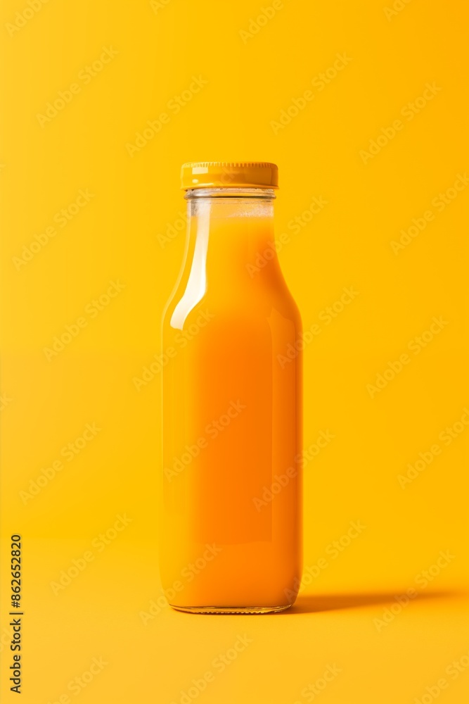 Orange juice bottle vibrant background citrus drink yellow color refreshment healthy-eating concept Orange juice bottle vibrant background citrus drink yellow color refreshment healthy-eating concept