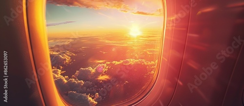 A stunning sunrise seen through an airplane window with a captivating vista, including a vast landscape below, creating a serene copy space image.