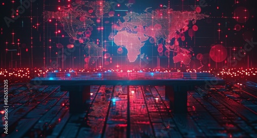 A Digital World Map With a Black Table in a Neon Lit Room