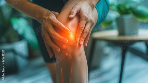 A person holds their knee in pain, with a glowing red area highlighting the source of discomfort.