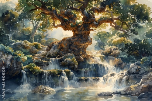 serene garden in Eden with large tree, waterfalls, and river