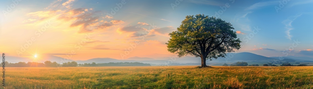 A lone tree stands in a field at sunrise, with a picturesque sky in the background. A lone tree stands in a field at sunrise, with a picturesque sky in the background.