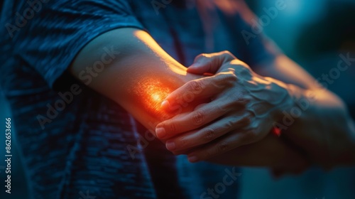 A person experiencing pain in their elbow, with a red glow highlighting the affected area.