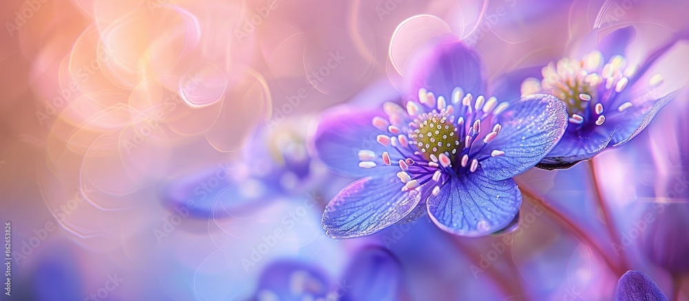 Close-up shot of Hepatica flower's stamens against a blurred background with copy space image included. Close-up shot of Hepatica flower's stamens against a blurred background with copy space image included.