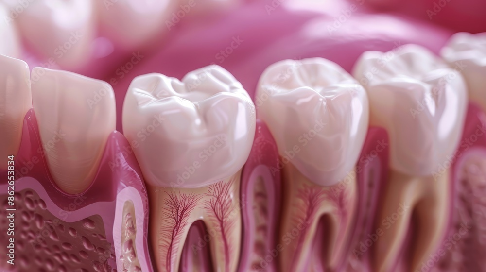 Close-up of healthy teeth and gums, showcasing the structure of a tooth. Perfect for dental health and hygiene content. Close-up of healthy teeth and gums, showcasing the structure of a tooth. Perfect for dental health and hygiene content.