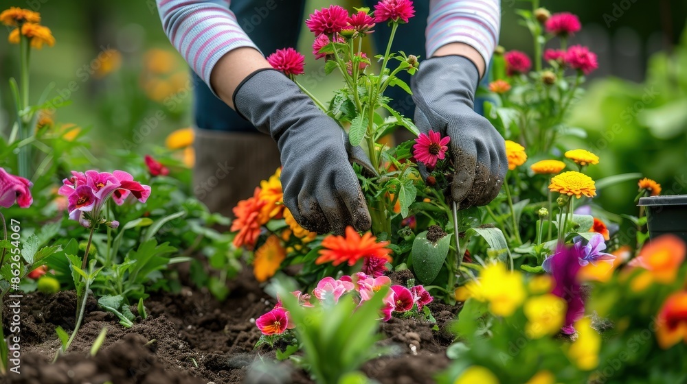 Fototapeta premium A persons hands in black gardening gloves plant flowers in a garden bed filled with blooming flowers