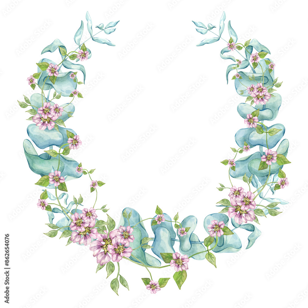 Naklejka premium Round floral frame, small pink flowers and eucalyptus. Child care, baby shower, mother's day. Hand drawn watercolor illustration.