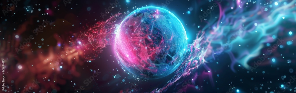 Obraz premium Neon Energy Sphere Surrounded by Dynamic Particles