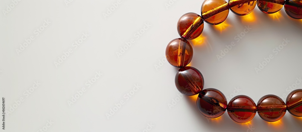 Top view of a brown amber necklace on a white background with ample copy space. Top view of a brown amber necklace on a white background with ample copy space.