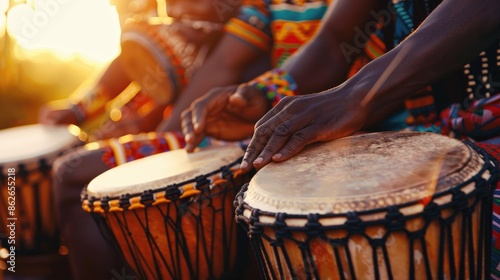 A close-up of African drummers playing traditional instruments during a sunset performance
