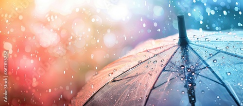 Transparent umbrella with water droplets in rainy weather, featured in a copy space image.
