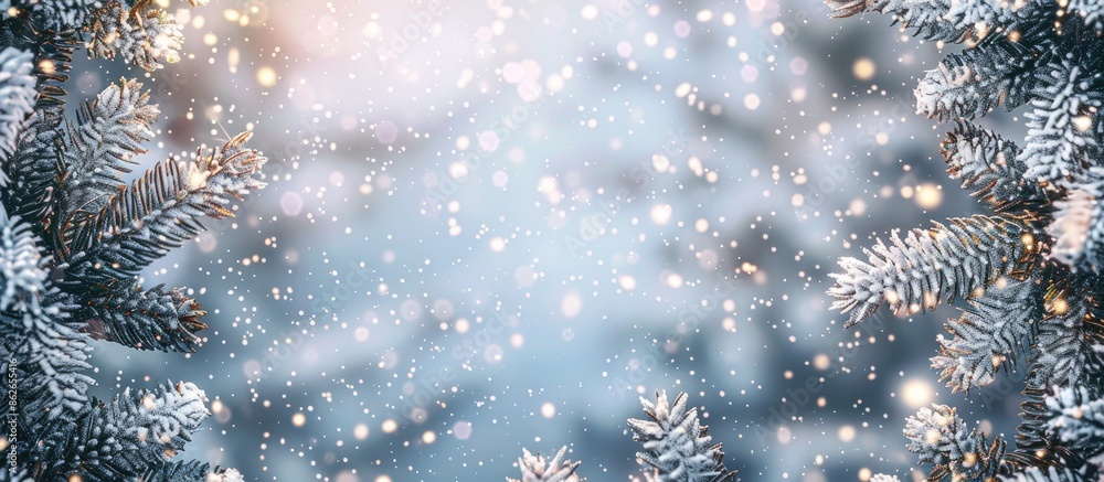 Christmas and New Year themed background featuring snowflakes, garland, and fir branches with copy space image. Christmas and New Year themed background featuring snowflakes, garland, and fir branches with copy space image.