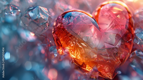 A heart-shaped crystal, glowing red and orange, surrounded by sparkling shards. photo