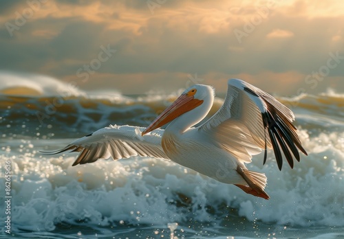 White Pelican Soaring Over Ocean Waves at Sunset