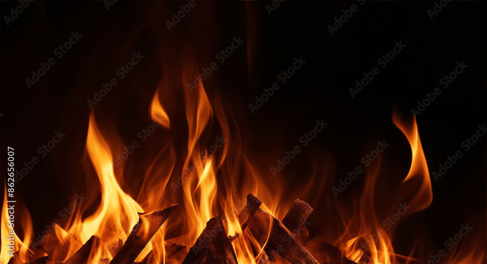 Fire flames on black background. Raging bonfire flames with wood sticks and sparks with horizontal repetition at night. Wood burning flames at night Fire flames on black background. Raging bonfire flames with wood sticks and sparks with horizontal repetition at night. Wood burning flames at night