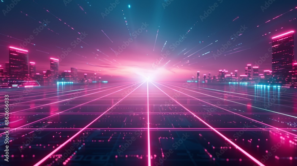 Obraz premium A futuristic cityscape with glowing neon lights and a grid of laser beams extending into the distance. The image conveys a sense of technological advancement and progress.
