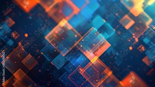 Abstract background with glowing blue and orange squares.  Dynamic digital design.  Perfect for tech or futuristic themes. photo