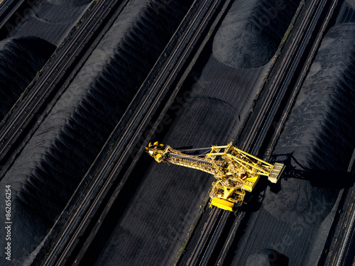 Aerial view of coal loading for export at Port of Newcastle, Kooragang, New South Wales, Australia. photo