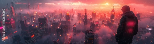 Silhouette of a lone figure against a foggy, futuristic cityscape bathed in a red glow. photo