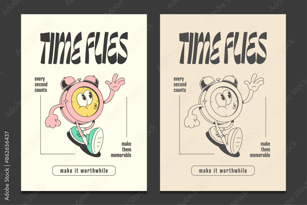 retro 30s design with an alarm clock mascot cartoon character, vector illustration retro 30s design with an alarm clock mascot cartoon character, vector illustration