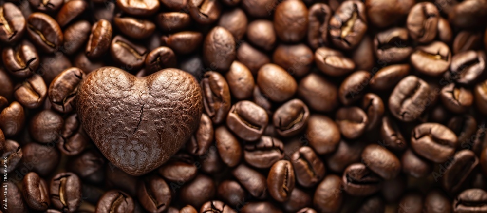 A heart-shaped cluster of coffee beans is positioned in the backdrop, giving ample copy space image. A heart-shaped cluster of coffee beans is positioned in the backdrop, giving ample copy space image.