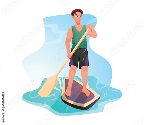 Beautiful young man in a swimsuit riding a stand-up paddle board. Summer water sports activities. Vector isolated cartoon illustration.
