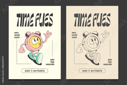 retro 30s design with an alarm clock mascot cartoon character, vector illustration
